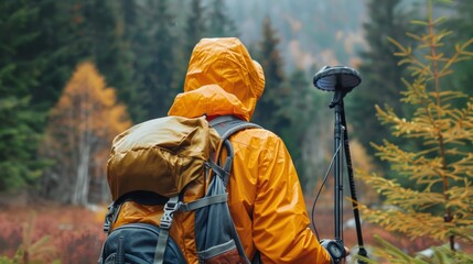 Naklejka premium Autumn adventure a person searching for treasures with a metal detector in a forest setting