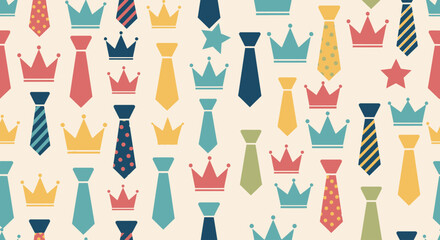 Colorful repeating pattern featuring ties, crowns, and stars, creating a festive design.