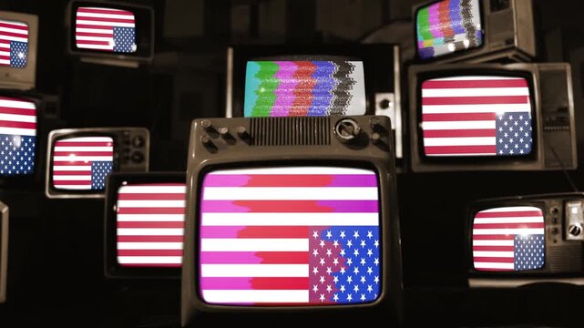 Inverted United States Flag on Multiple Retro Television Screens - Sepia Tone