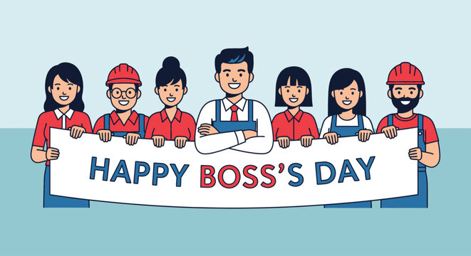 A diverse team of employees celebrating Boss's Day by holding a banner. - Powered by Adobe