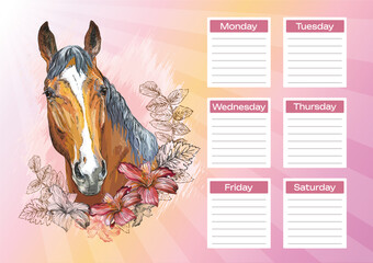 Beautiful horse and flowers printable school schedule vector