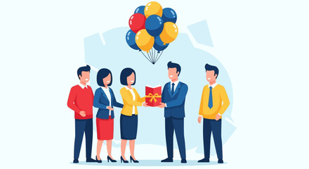 A group of colleagues celebrates an achievement with a gift and balloons, showcasing teamwork and recognition in a professional setting.