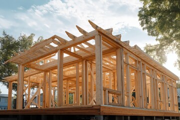Newly constructed wooden framework showcasing modern architecture in a suburban neighborhood near sunset