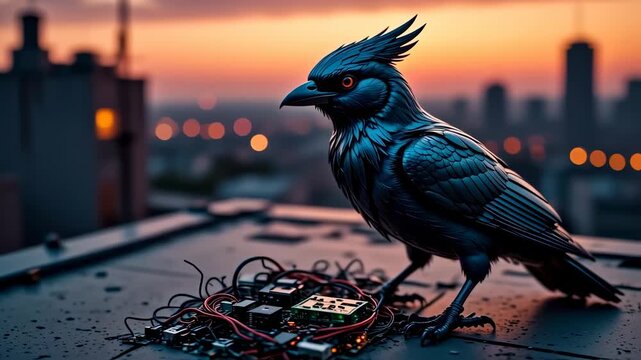 Cybernetic avian sentinel perched amidst urban twilight cityscapes and obsolete circuits