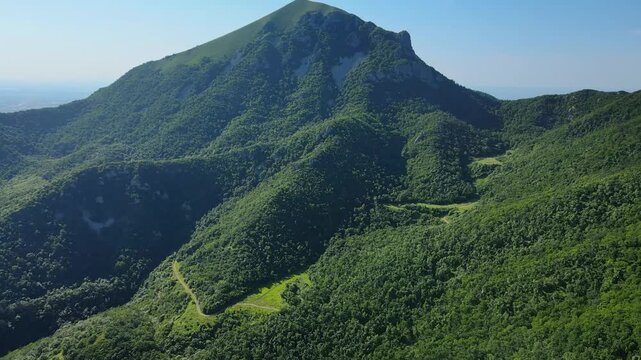 Morning light reveals a lush Caucasus valley with a winding mountain road and deep forest canopy. The scene shows rolling ridges, clear summer weather and panoramic clarity ideal for travel content
