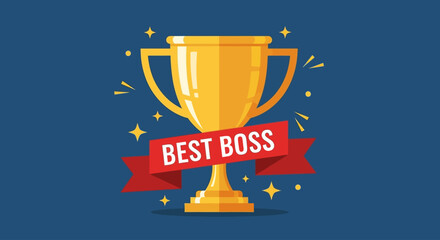 Golden trophy with red ribbon proclaiming "Best Boss" on a dark blue background.