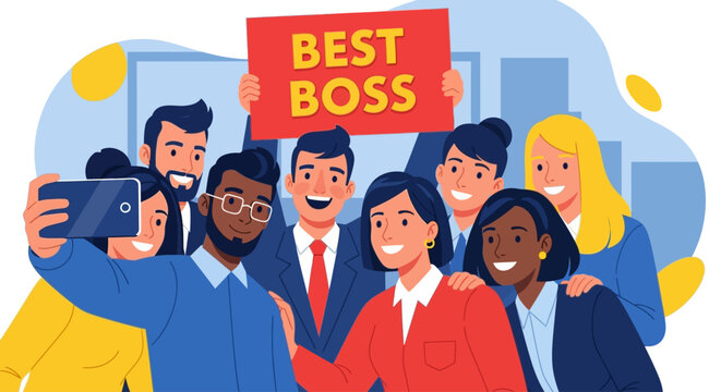 Diverse business team taking a selfie, holding a sign that reads "Best Boss", expressing appreciation and camaraderie. - Powered by Adobe
