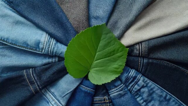 A single green leaf sits atop a pile of worn blue jeans