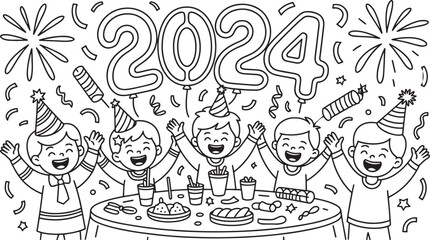 Joyful New Year 2024 Kids Gathering Line Art Illustration with Confetti and Fireworks Design