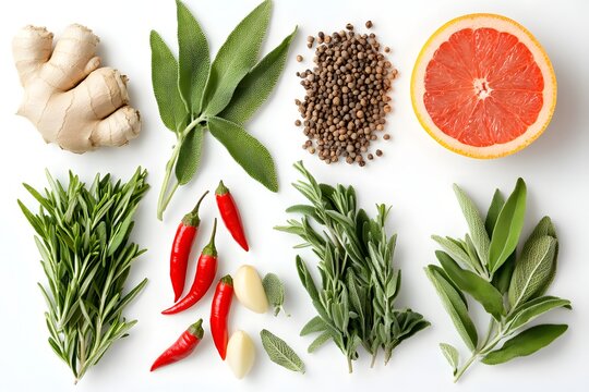 A collage of various herbs and spices, including rosemary leaves, garlic cloves, ginger root, black peppercorns, and citrus fruits, on a white background. - Powered by Adobe