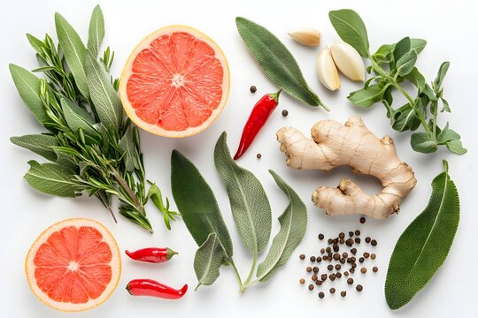 A collage of various herbs and spices, including rosemary leaves, garlic cloves, ginger root, black peppercorns, and citrus fruits, on a white background.