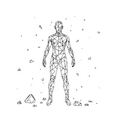 Minimilist a geometric human figure stands amidst scattered geometric shapes on a white background art design vector
