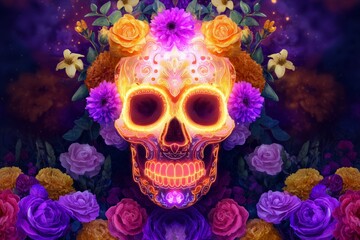 Fototapeta premium Neon Sugar Skull with Vibrant Flowers for Day of the Dead Celebration