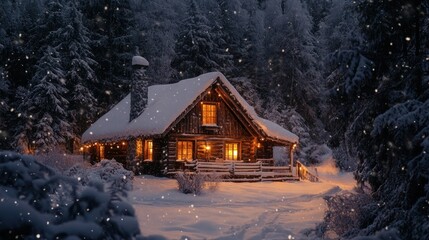 Snowy log cabin in forest at night
