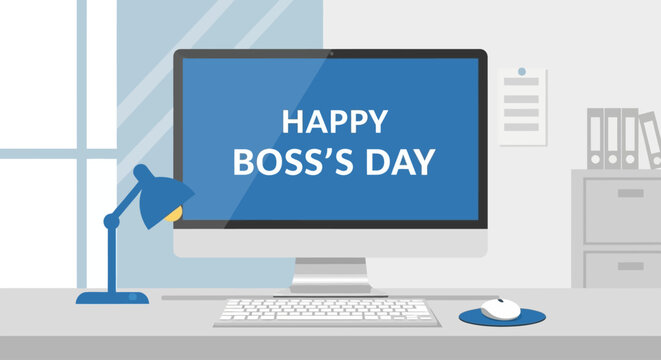A modern office desk setup with a computer monitor displaying a "Happy Boss's Day" greeting.