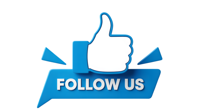 Engage your audience with a modern blue thumbs up and follow us call to action
