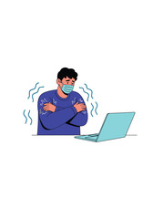 Person wearing mask feeling cold shivers while working on a laptop at home