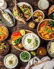 Diverse Asian dishes on a rustic wooden table