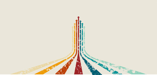 Retro multicolor upward arrows vector background with vintage grunge texture, perfect for 70s style posters, growth concepts, and creative graphic design.