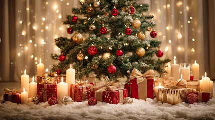 Christmas tree with glowing candles and wrapped gifts in festive interior holiday celebration