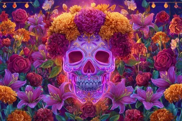 Neon Sugar Skull with Vibrant Flowers for Day of the Dead Celebration