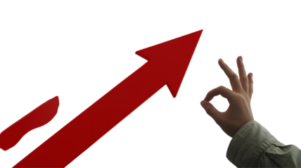 Confident hand signals success with upward trending red arrow indicating financial growth and positive results