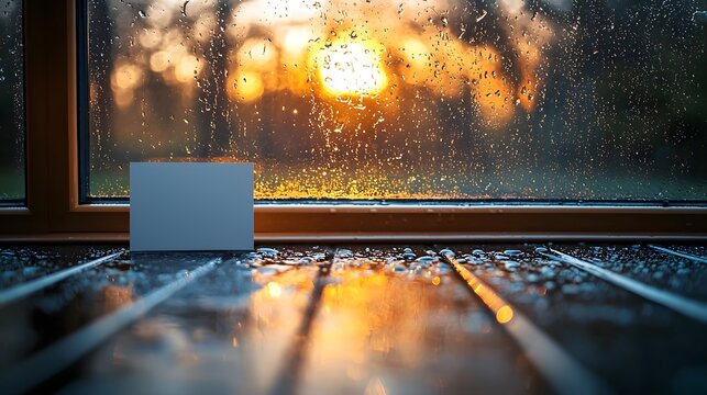 A blank card on a wet wooden surface by a rainy window with blurred sunset bokeh lights and reflections evoking a mood of reflection and farewell - Powered by Adobe
