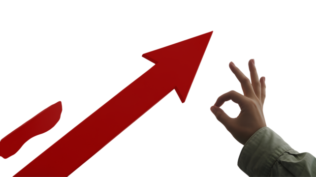 Confident hand signals success with upward trending red arrow indicating financial growth and positive results