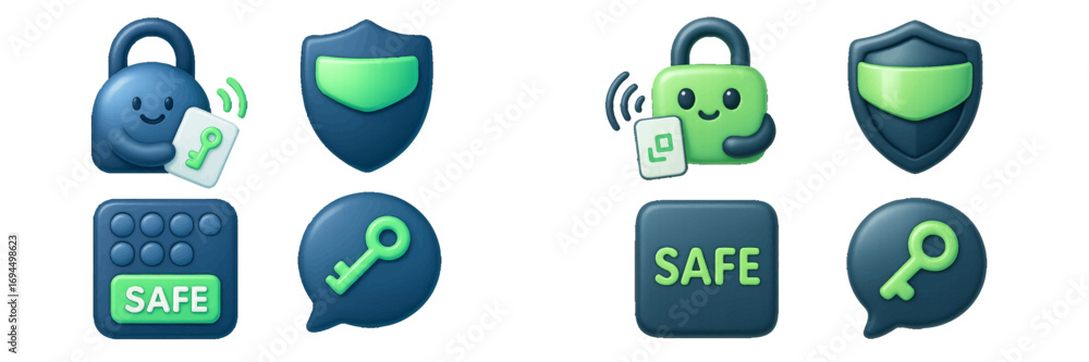 Poster 3d security icon set with cute padlock character, shield, keypad, and key for cybersecurity and data