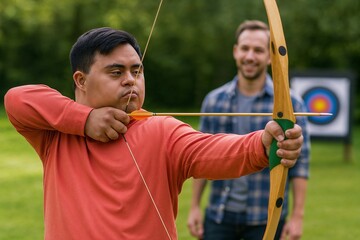 Young man with Down syndrome practicing archery outdoors as leisure activity