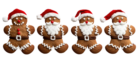 Cute gingerbread cookies shaped like Santa Claus, decorated with icing and red hats, lined up on a white festive background.