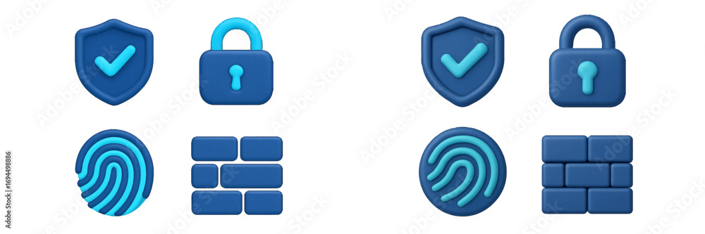 Poster 3d security icon set with shield, padlock, fingerprint, and firewall symbols for cybersecurity and d