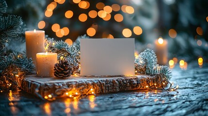 A cozy winter scene featuring lit candles pine branches and a blank card surrounded by festive fairy lights