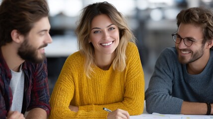 Smiling Woman with Friends Yellow Sweater Collaboration.