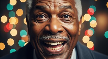 Senior man portrait smile happiness joy celebration festive lights bokeh background cheerful expression positive emotion aging gracefully wisdom experience life fulfillment success legacy family