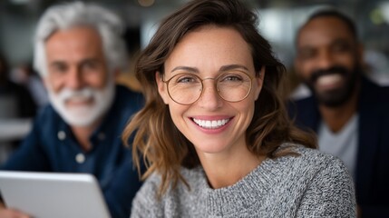 Smiling Woman with Glasses Team Members Blurred Background.