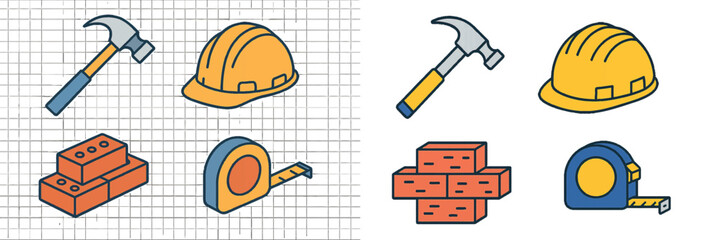 Construction tool icon set with hammer, hard hat, bricks, and tape measure for building and repair projects