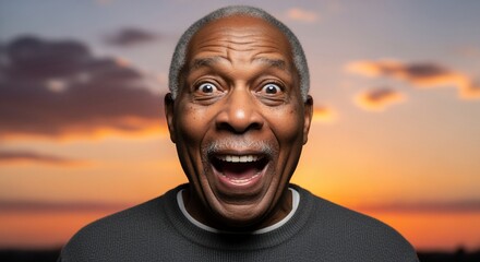 Man face portrait happy surprised excited expression emotion elderly senior sunset background sky clouds orange joyful cheerful positive reaction amazement astonishment delight surprise