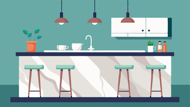 A marbletopped kitchen island with modern bar stools ideal for entertaining guests while cooking.
