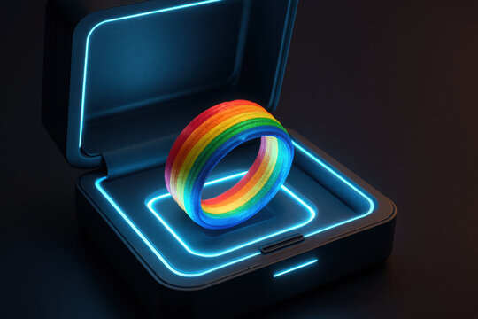 Rainbow colored ring with glowing effect inside futuristic jewelry box illuminated by blue neon lights, symbolizing pride and diversity in modern setting