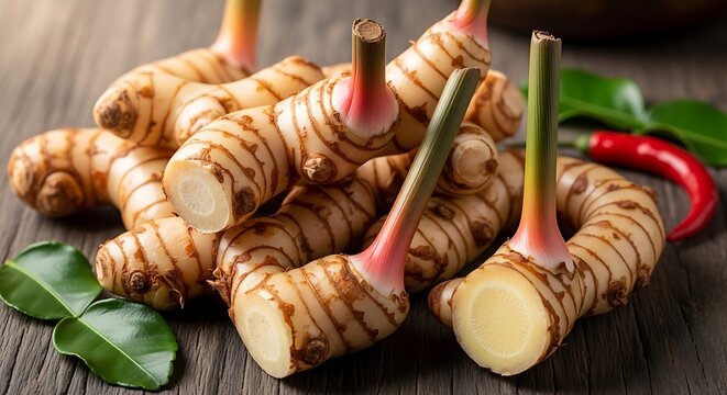 Fresh Galangal Roots with Spices, and Food.