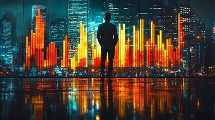 Silhouette of a businessman observes a digital city skyline with fluctuating financial bar charts at night
