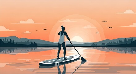 Woman SUP paddling sunset lake.