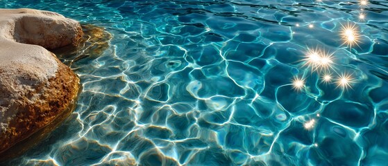 Sparkling Blue Water with Rocks and Sunlight Reflections.