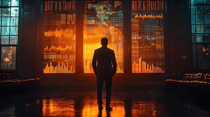 Silhouette of a businessman observing global financial data and market trends on large illuminated screens