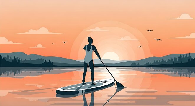 Woman SUP paddling sunset lake.