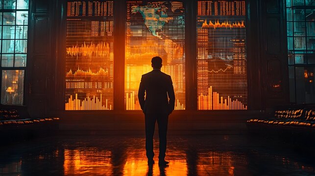 Silhouette of a businessman observing global financial data and market trends on large illuminated screens