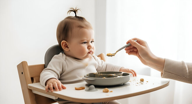 A baby sits in a high chair, attentively watching as an adult offers food with a spoon.
