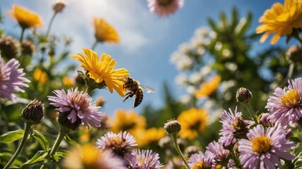 Bees flying over flowers on a sunny day