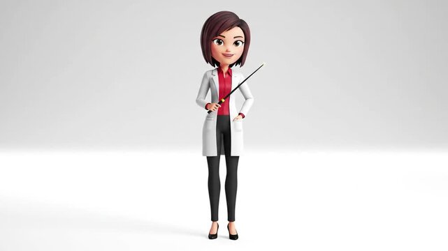Animated female doctor presenting with pointer on white background